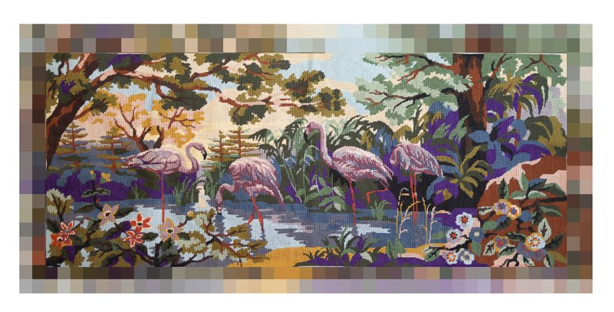 Embroidered textile artwork upcycled into a contemporary wall panel with pixelated edge